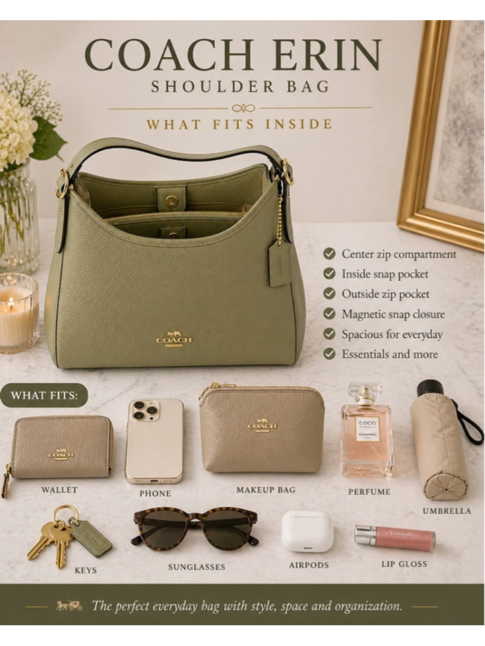 NEW Coach Erin Shoulder Bag Pistachio Pebbled Leather CAQ86 NWT HTF - Picture 9 of 10